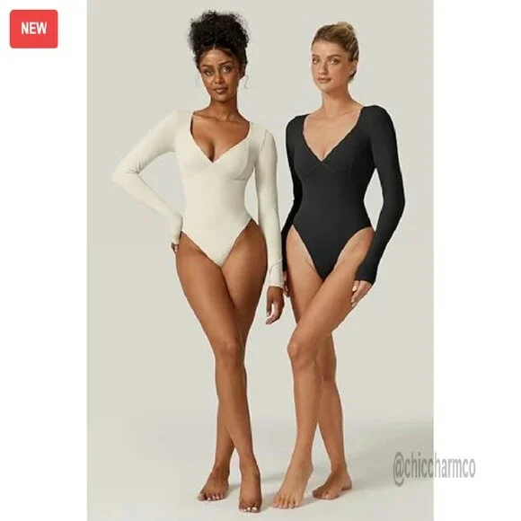 Long Sleeve V Neck Bodysuit Seamed Cup Sculpting Tops